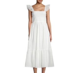 Nannette Lepore White Ruffle Tank Top Smocked Tiered Eyelet Ethereal MIdi Dress